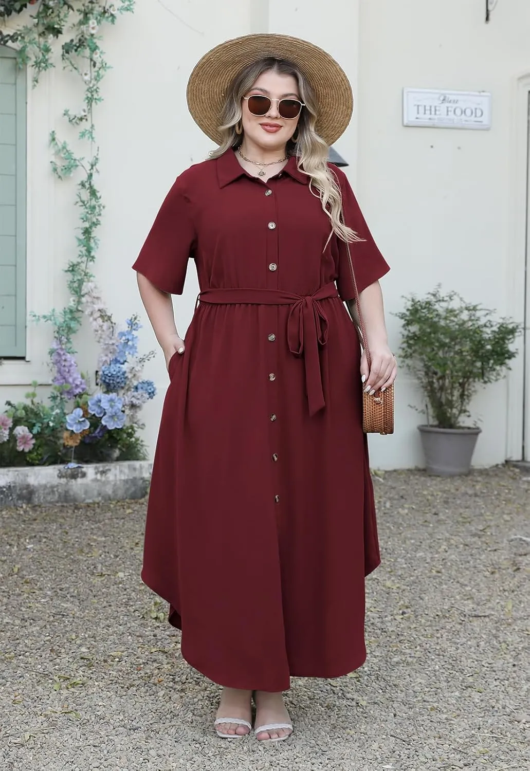 Nemidor Womens Plus Size Casual Maxi Dress Button Down Plain Long Summer Dresses with Belt and Pocket 16-26
