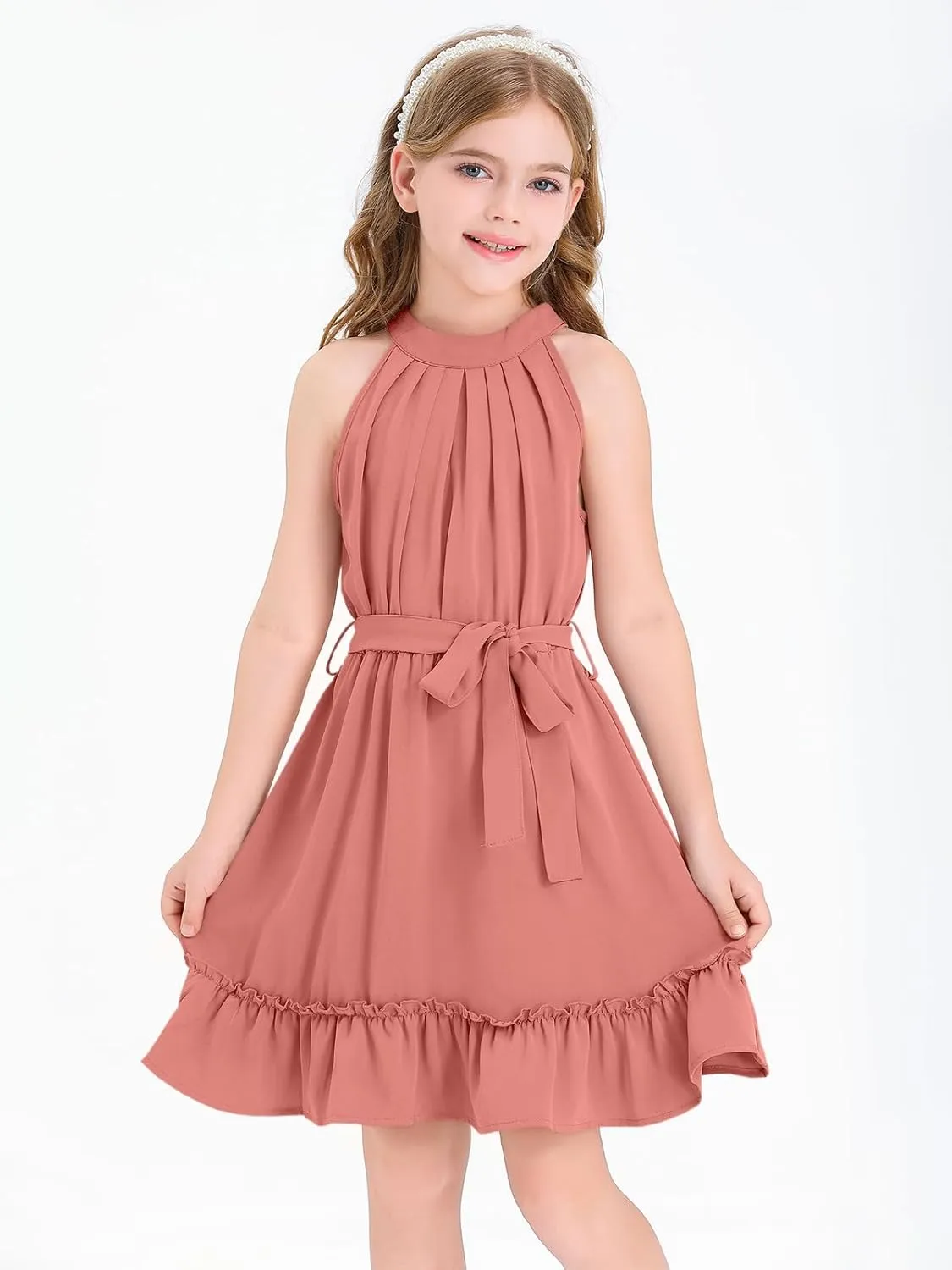 Newffr Girl's Halter Neck Sleeveless Summer Dress Tie Waist A-line Sundress Mini Swing Pleated Dress for Girls 4-12
