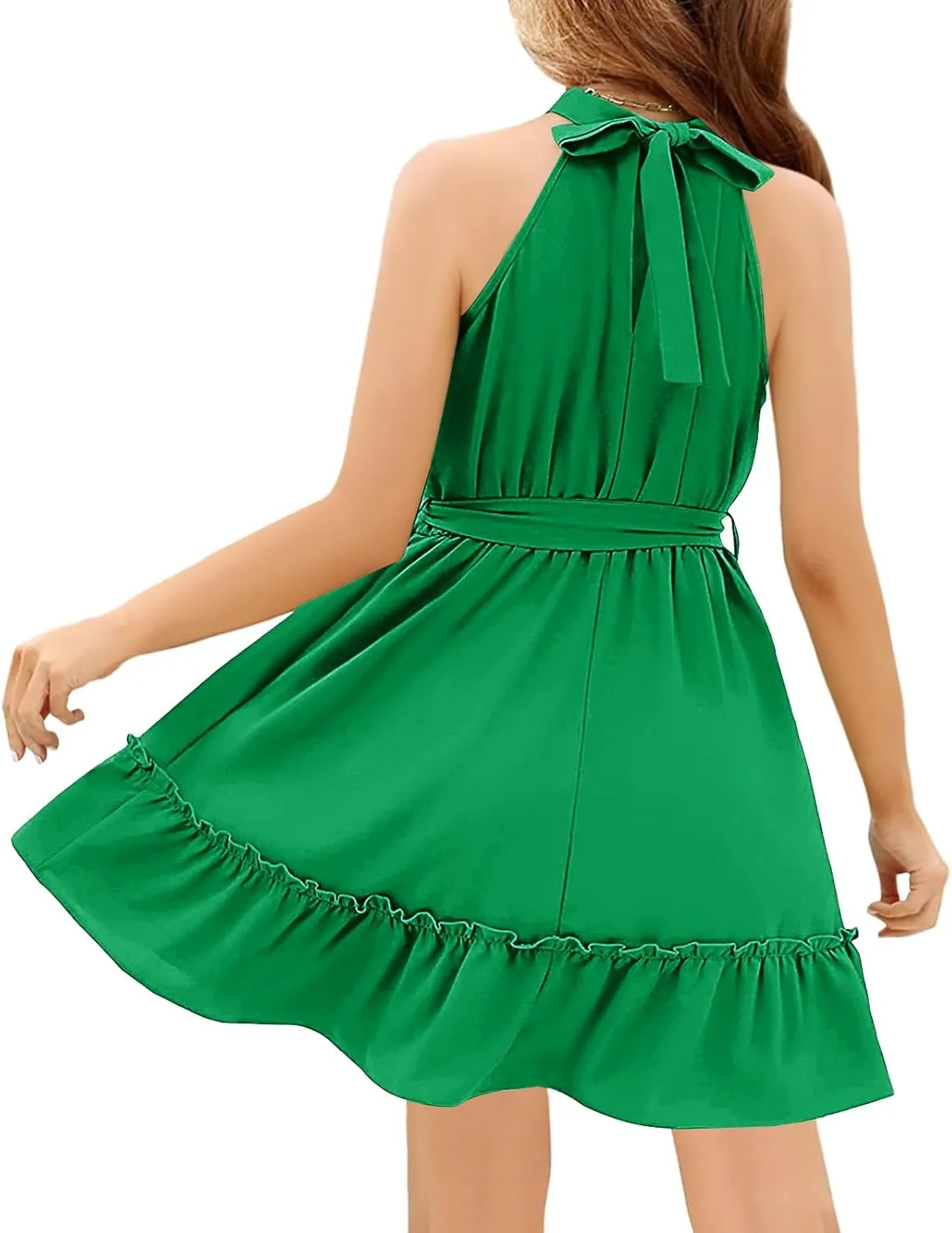 Newffr Girl's Halter Neck Sleeveless Summer Dress Tie Waist A-line Sundress Mini Swing Pleated Dress for Girls 4-12