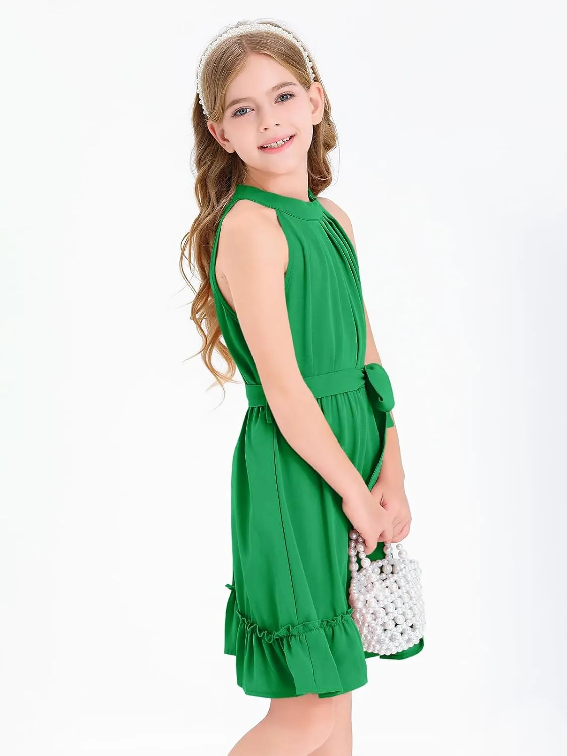 Newffr Girl's Halter Neck Sleeveless Summer Dress Tie Waist A-line Sundress Mini Swing Pleated Dress for Girls 4-12