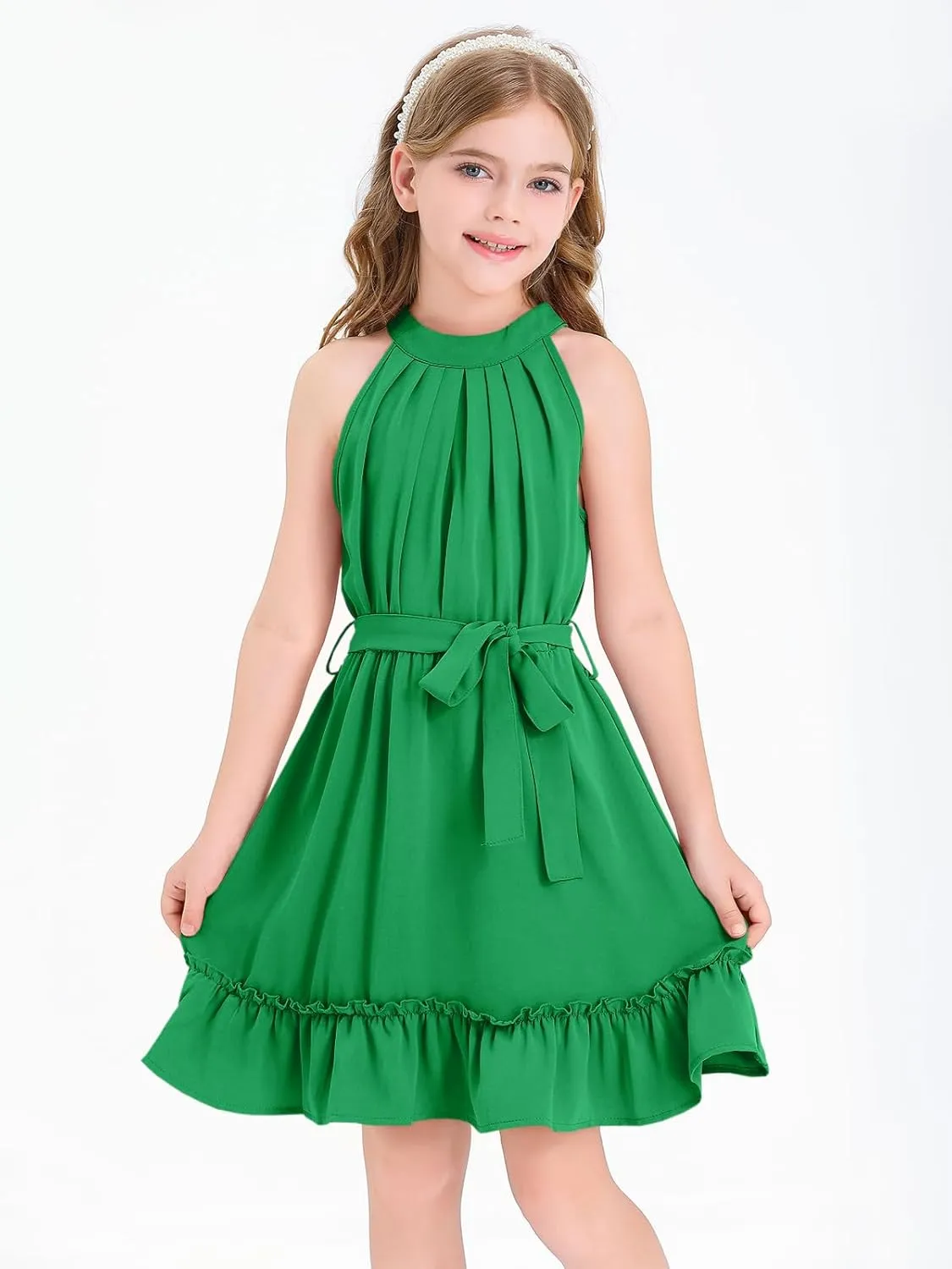 Newffr Girl's Halter Neck Sleeveless Summer Dress Tie Waist A-line Sundress Mini Swing Pleated Dress for Girls 4-12