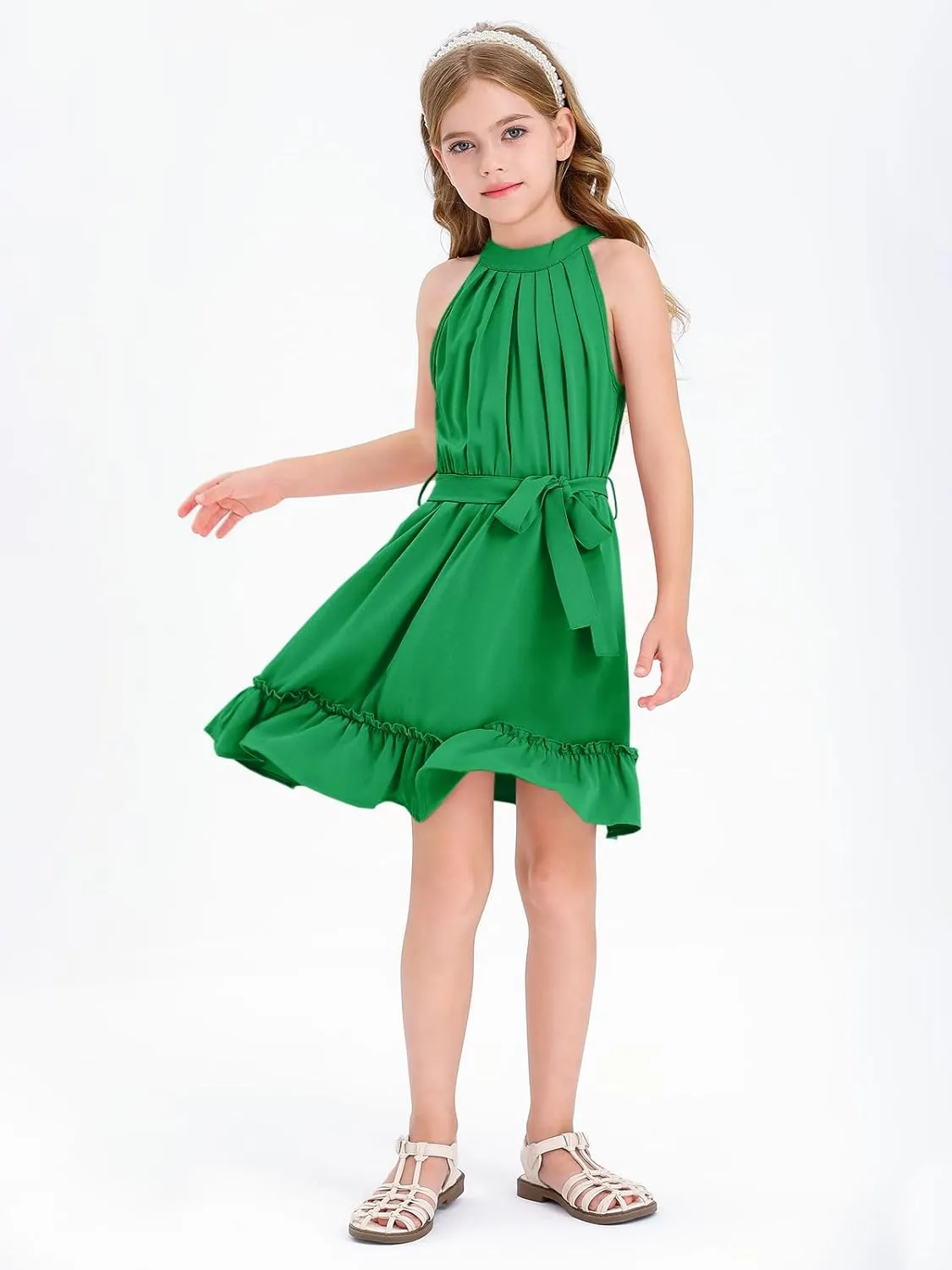 Newffr Girl's Halter Neck Sleeveless Summer Dress Tie Waist A-line Sundress Mini Swing Pleated Dress for Girls 4-12
