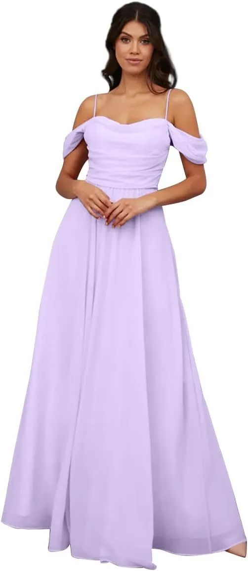 Off The Shoulder Bridesmaid Dresses for Women Chiffon A Line Pleated Formal Gowns