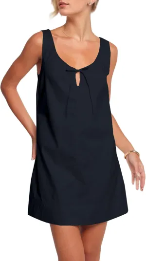 OLAPTA Women Sleeveless Summer Mini Tank Dress Tie Up Loose Fit Sundress Scoop Neck Casual Trendy Short Dresses with Pockets
