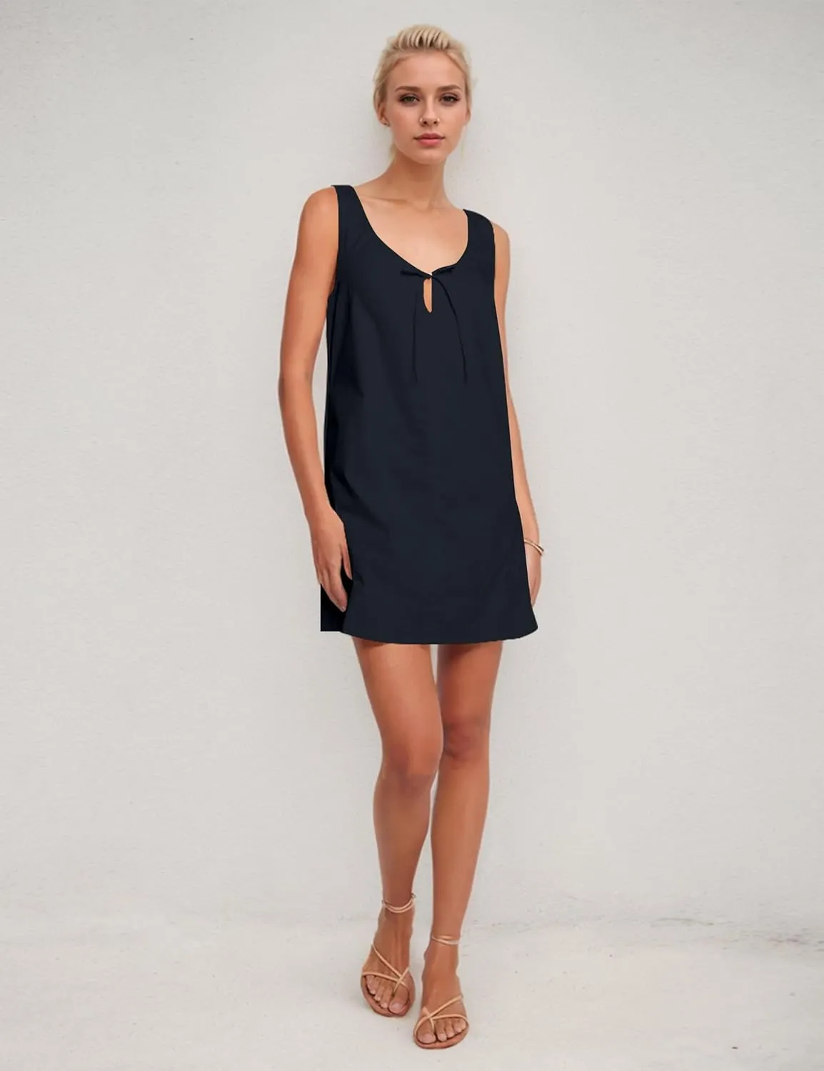 OLAPTA Women Sleeveless Summer Mini Tank Dress Tie Up Loose Fit Sundress Scoop Neck Casual Trendy Short Dresses with Pockets