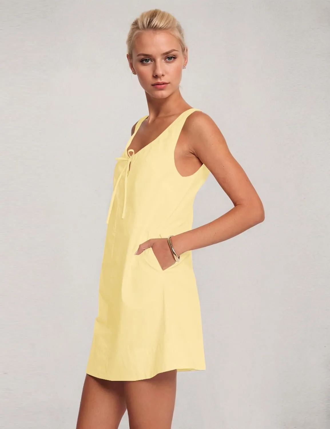 OLAPTA Women Sleeveless Summer Mini Tank Dress Tie Up Loose Fit Sundress Scoop Neck Casual Trendy Short Dresses with Pockets