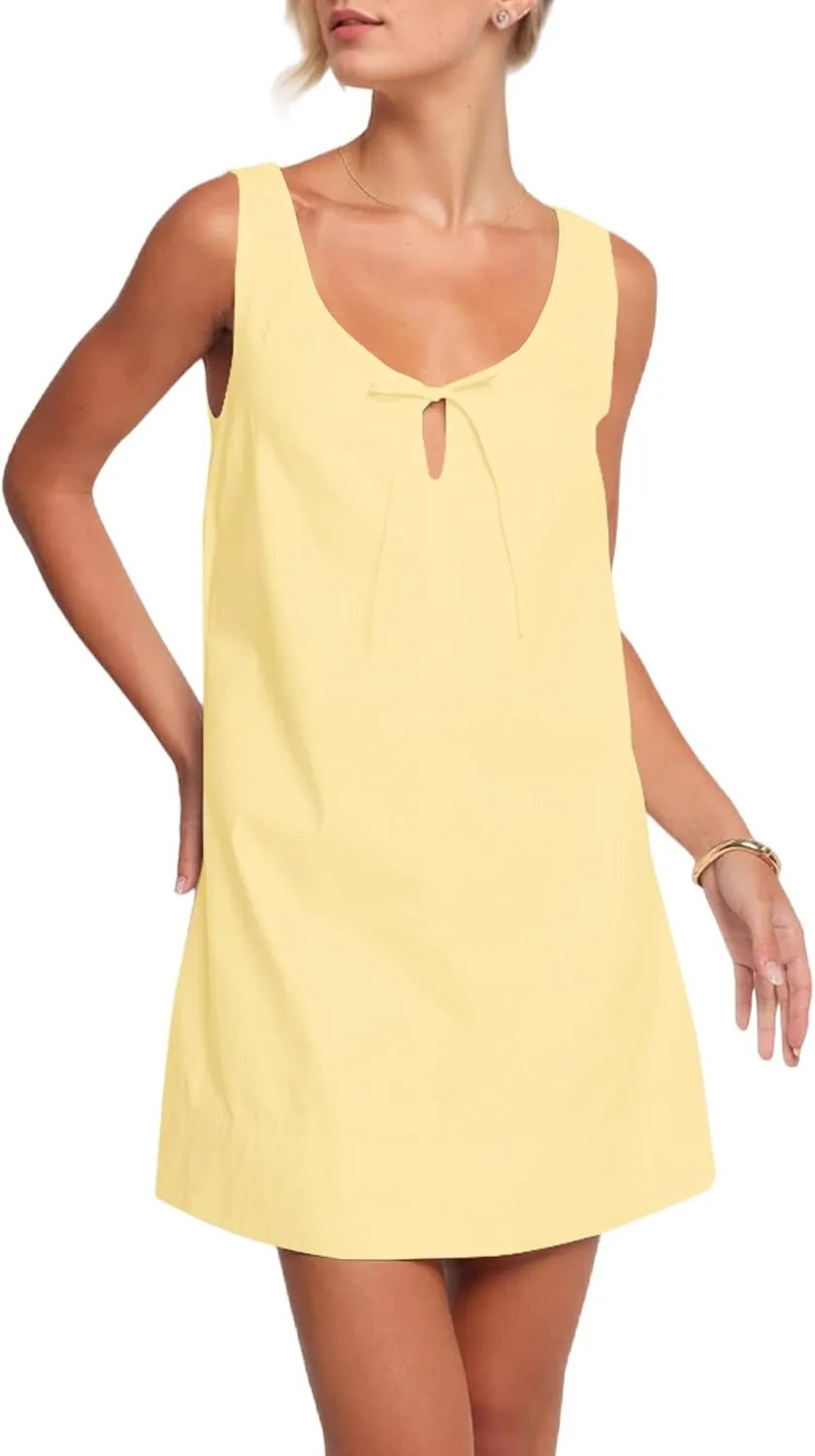 OLAPTA Women Sleeveless Summer Mini Tank Dress Tie Up Loose Fit Sundress Scoop Neck Casual Trendy Short Dresses with Pockets
