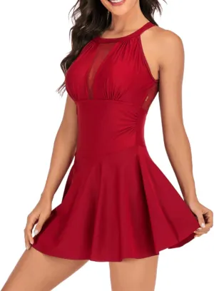 One Piece Swim Dress for Womens Swimsuits Tummy Control Modest Bathing Suits with Skirt High Neck Swimdress