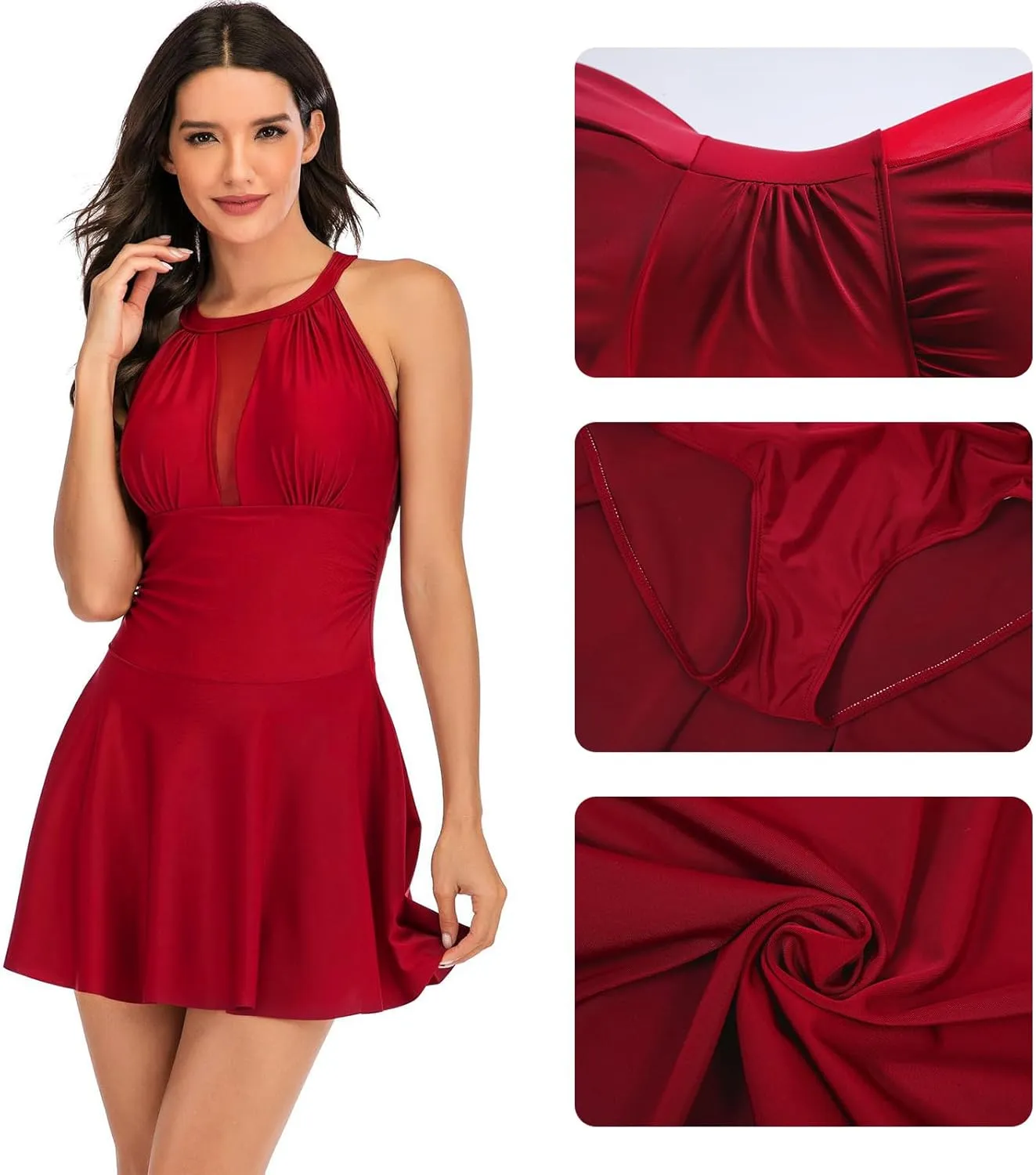 One Piece Swim Dress for Womens Swimsuits Tummy Control Modest Bathing Suits with Skirt High Neck Swimdress