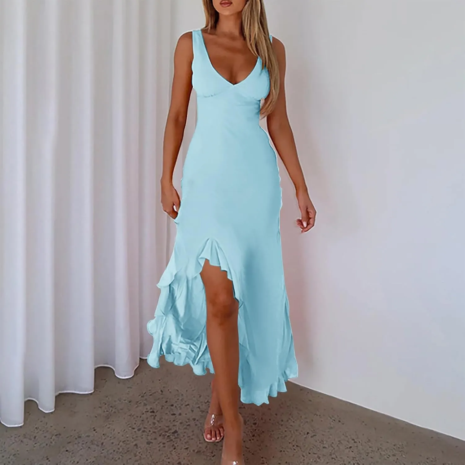 Oplxuo Women's Sexy Deep V Neck Bodycon Maxi Dress Sleeveless Ruffle Hem High Slit V Back Cocktail Party Dresses