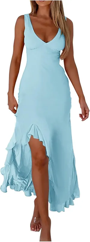 Oplxuo Women's Sexy Deep V Neck Bodycon Maxi Dress Sleeveless Ruffle Hem High Slit V Back Cocktail Party Dresses