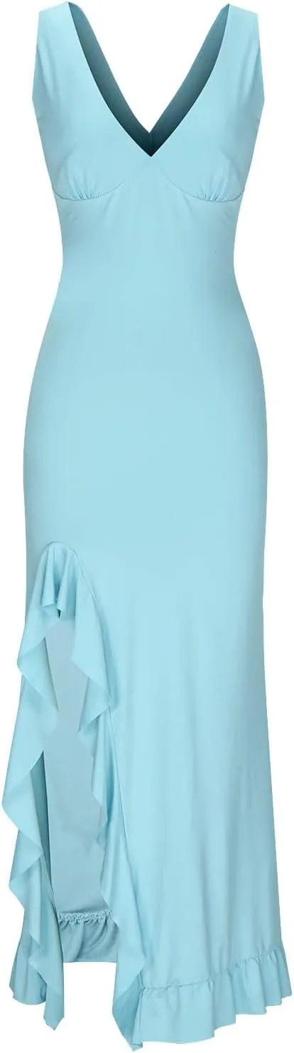 Oplxuo Women's Sexy Deep V Neck Bodycon Maxi Dress Sleeveless Ruffle Hem High Slit V Back Cocktail Party Dresses