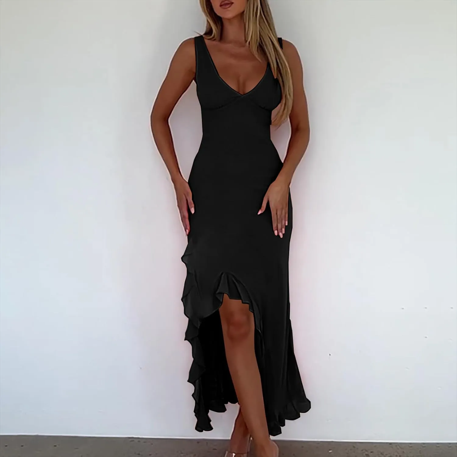 Oplxuo Women's Sexy Deep V Neck Bodycon Maxi Dress Sleeveless Ruffle Hem High Slit V Back Cocktail Party Dresses