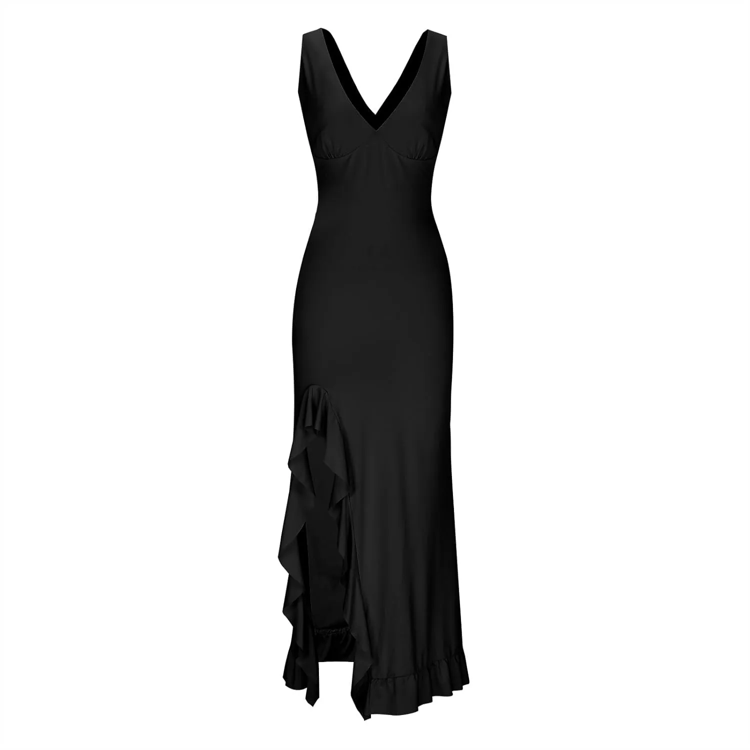 Oplxuo Women's Sexy Deep V Neck Bodycon Maxi Dress Sleeveless Ruffle Hem High Slit V Back Cocktail Party Dresses
