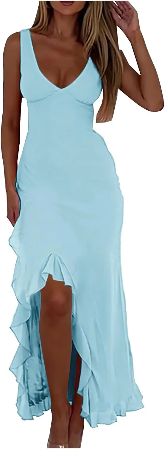 Oplxuo Women's Sexy Deep V Neck Bodycon Maxi Dress Sleeveless Ruffle Hem High Slit V Back Cocktail Party Dresses