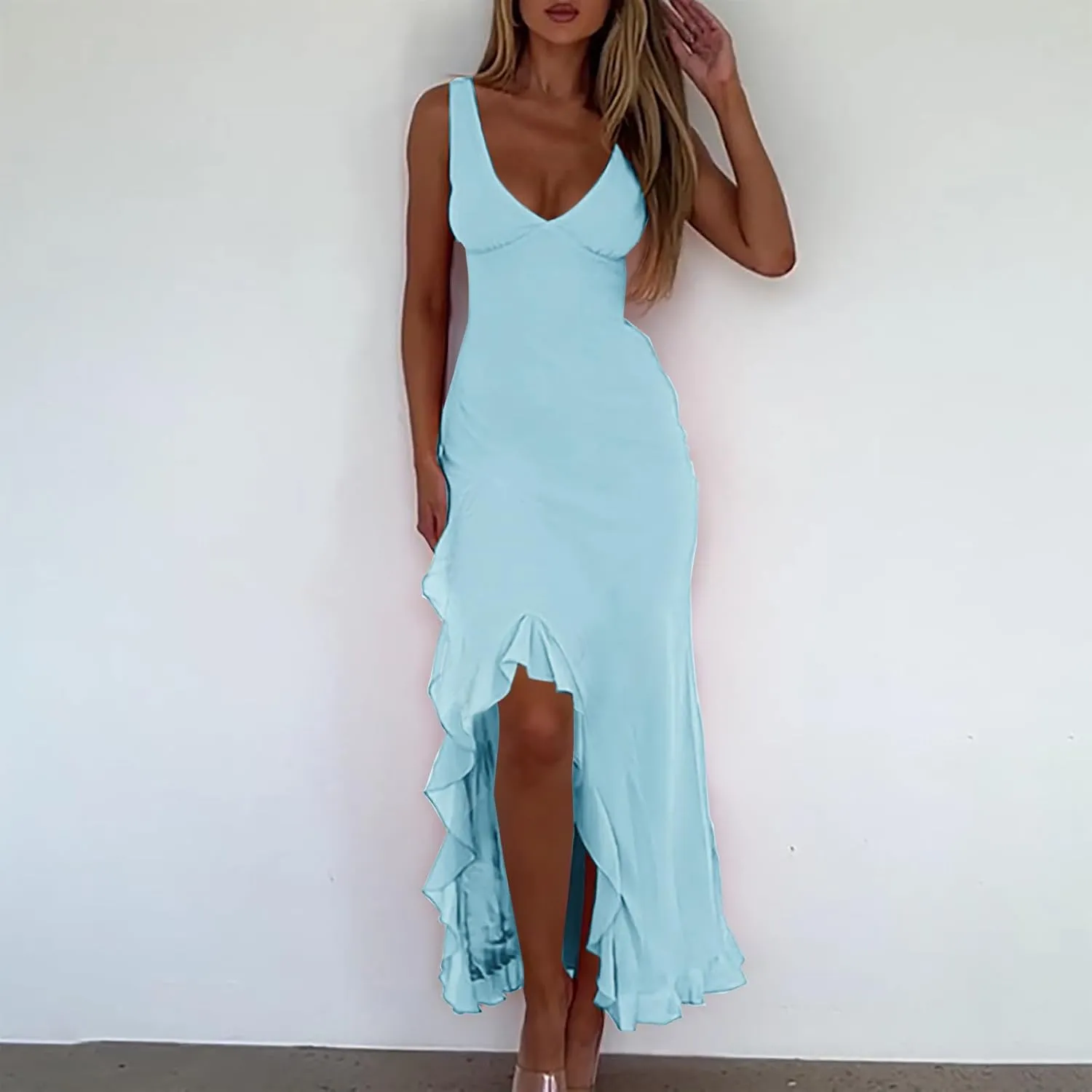 Oplxuo Women's Sexy Deep V Neck Bodycon Maxi Dress Sleeveless Ruffle Hem High Slit V Back Cocktail Party Dresses