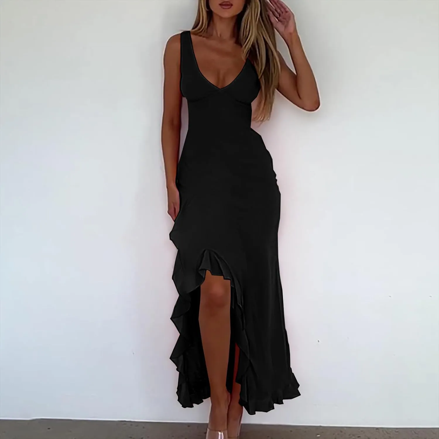 Oplxuo Women's Sexy Deep V Neck Bodycon Maxi Dress Sleeveless Ruffle Hem High Slit V Back Cocktail Party Dresses