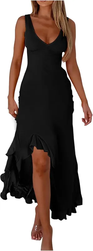 Oplxuo Women's Sexy Deep V Neck Bodycon Maxi Dress Sleeveless Ruffle Hem High Slit V Back Cocktail Party Dresses