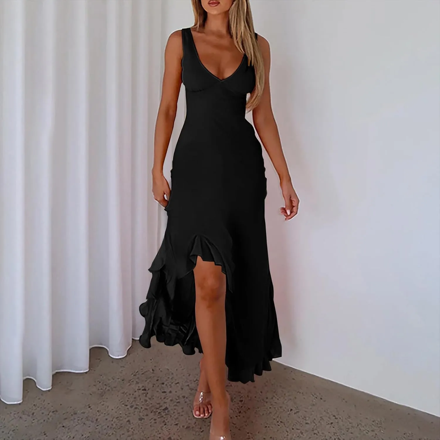 Oplxuo Women's Sexy Deep V Neck Bodycon Maxi Dress Sleeveless Ruffle Hem High Slit V Back Cocktail Party Dresses