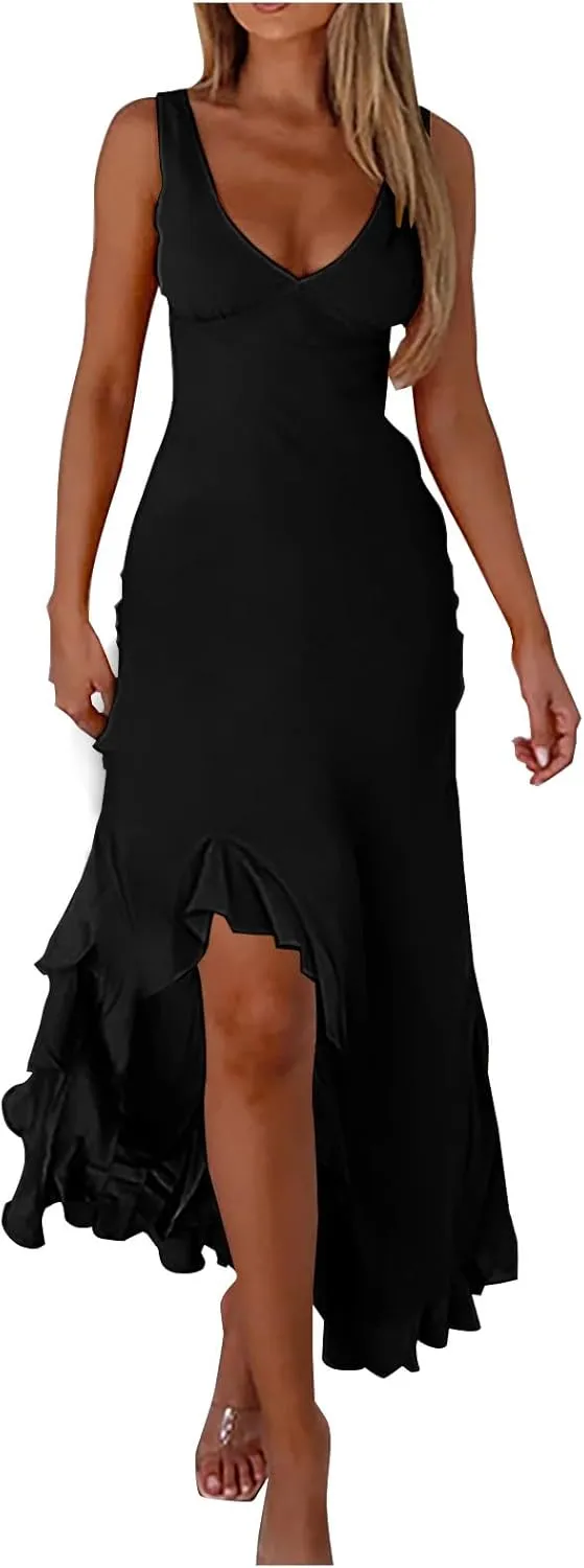 Oplxuo Women's Sexy Deep V Neck Bodycon Maxi Dress Sleeveless Ruffle Hem High Slit V Back Cocktail Party Dresses