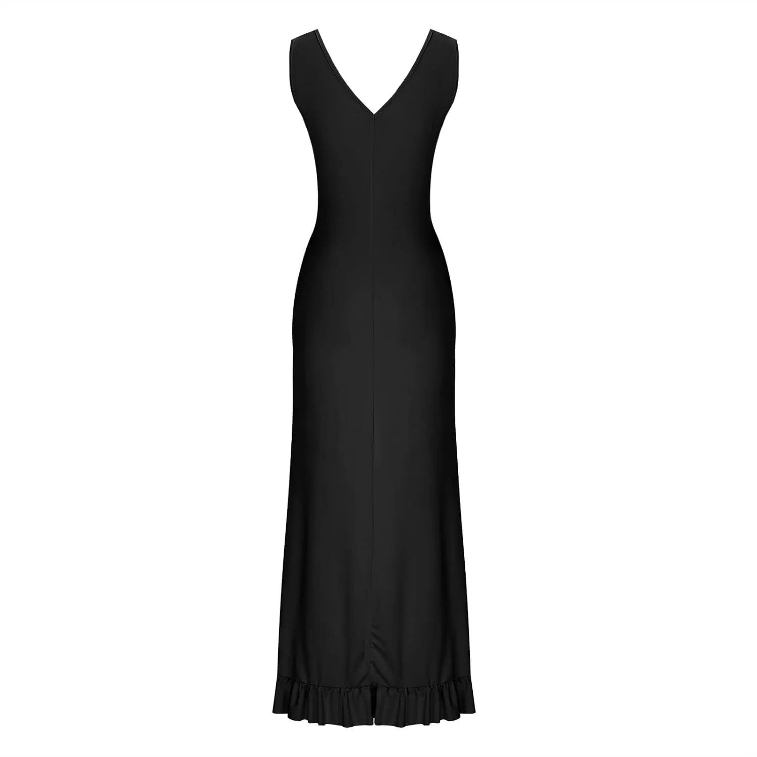 Oplxuo Women's Sexy Deep V Neck Bodycon Maxi Dress Sleeveless Ruffle Hem High Slit V Back Cocktail Party Dresses