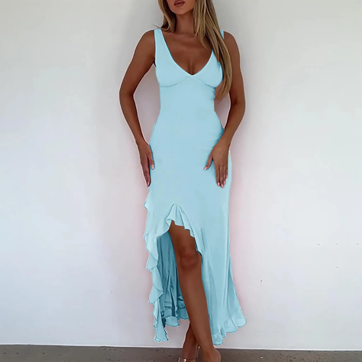 Oplxuo Women's Sexy Deep V Neck Bodycon Maxi Dress Sleeveless Ruffle Hem High Slit V Back Cocktail Party Dresses