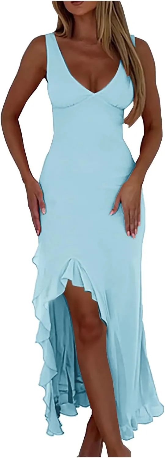 Oplxuo Women's Sexy Deep V Neck Bodycon Maxi Dress Sleeveless Ruffle Hem High Slit V Back Cocktail Party Dresses