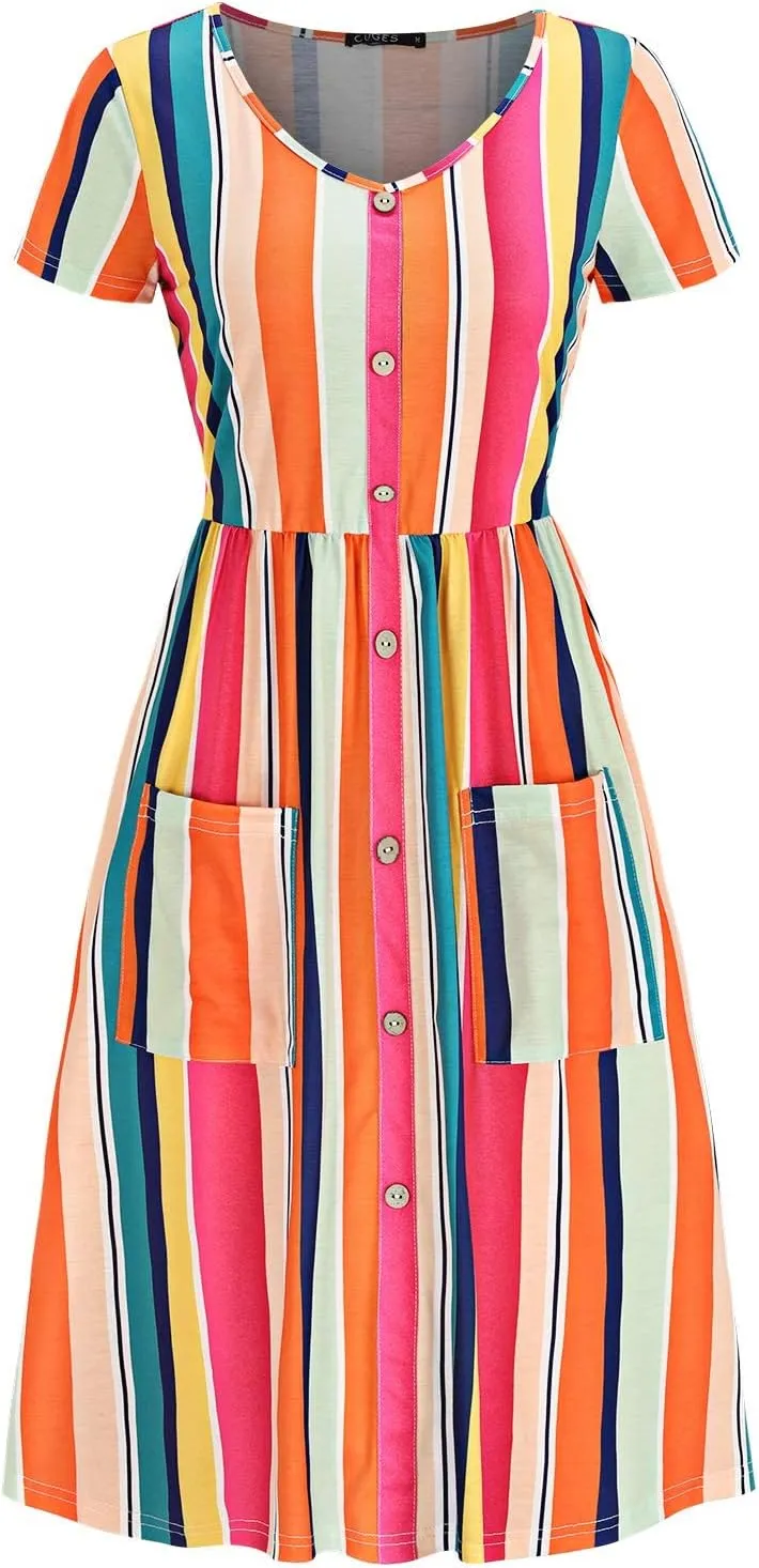 OUGES Women's V Neck Button Down Skater Dress with Pockets