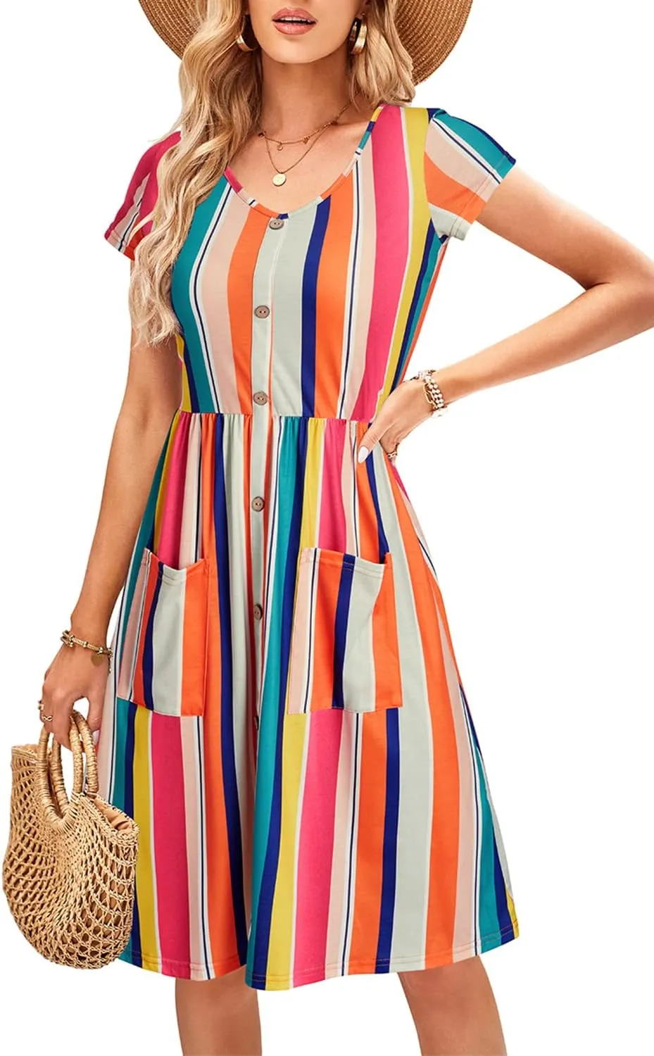 OUGES Women's V Neck Button Down Skater Dress with Pockets
