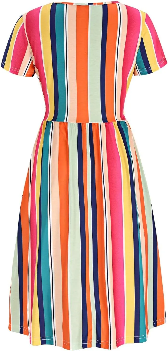 OUGES Women's V Neck Button Down Skater Dress with Pockets