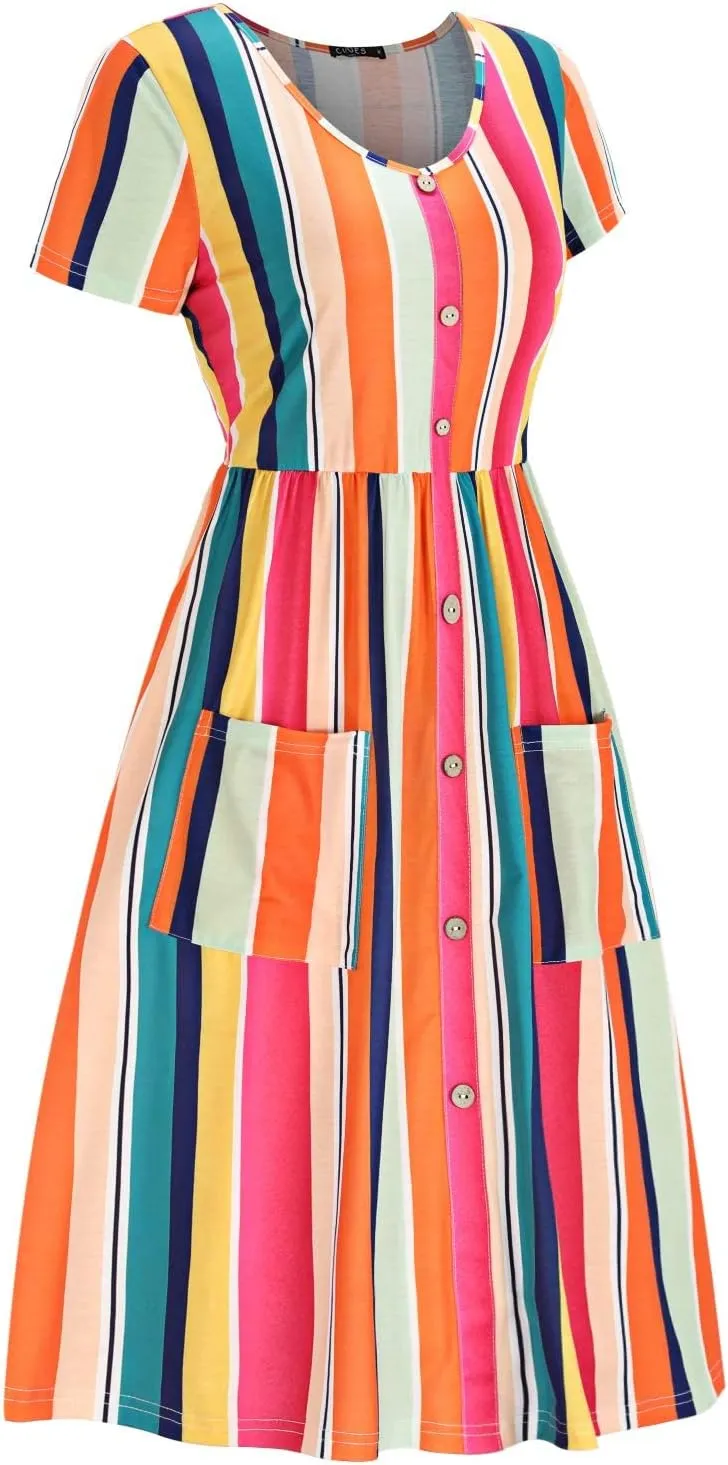 OUGES Women's V Neck Button Down Skater Dress with Pockets