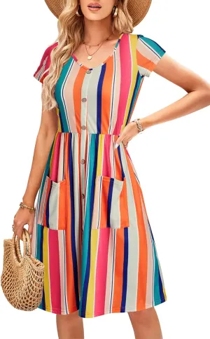 OUGES Women's V Neck Button Down Skater Dress with Pockets