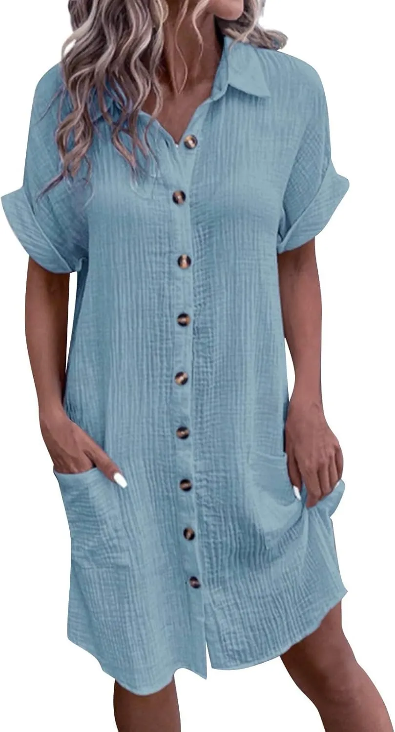 Palaver Summer Dresses for Women 2025 Casual Button Down Short Sleeve Tshirt Dress Boho Vacation Midi Dresses with Pockets