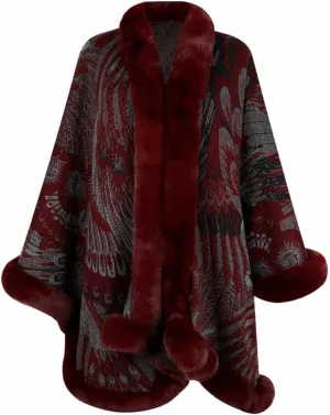 Peacock Pattern Faux Fur Shawl for Women Fur Trim Cardigan Cloak Coat Fur Collar Poncho Cape Wraps for Evening Dresses