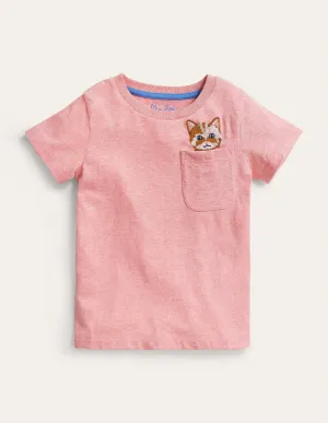 Peeping Pocket T-Shirt-Peach Pink Cat