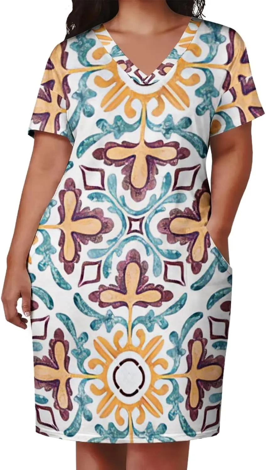Plus Size Dress for Women Summer Casual African Print V Neck Short Sleeve Loose Midi Dresses with Pockets
