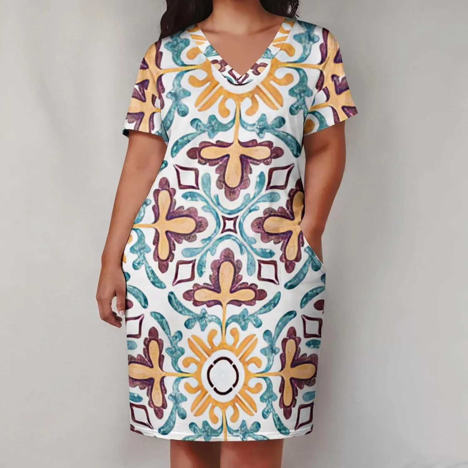 Plus Size Dress for Women Summer Casual African Print V Neck Short Sleeve Loose Midi Dresses with Pockets