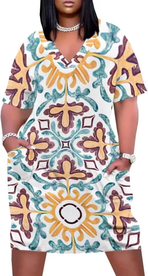 Plus Size Dress for Women Summer Casual African Print V Neck Short Sleeve Loose Midi Dresses with Pockets