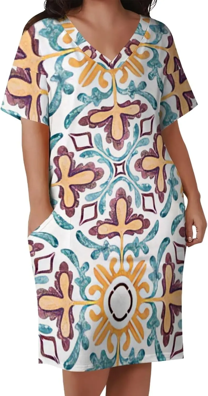 Plus Size Dress for Women Summer Casual African Print V Neck Short Sleeve Loose Midi Dresses with Pockets