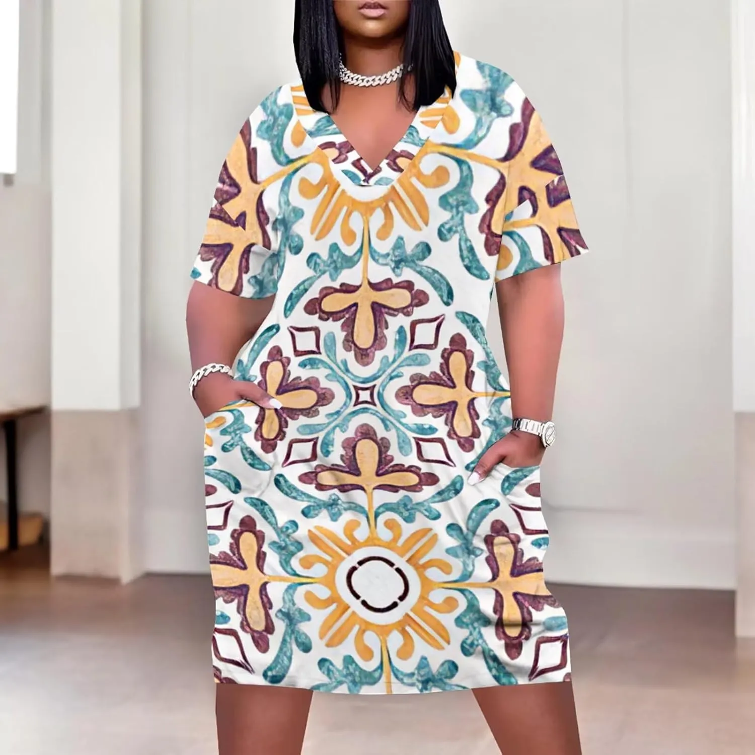 Plus Size Dress for Women Summer Casual African Print V Neck Short Sleeve Loose Midi Dresses with Pockets