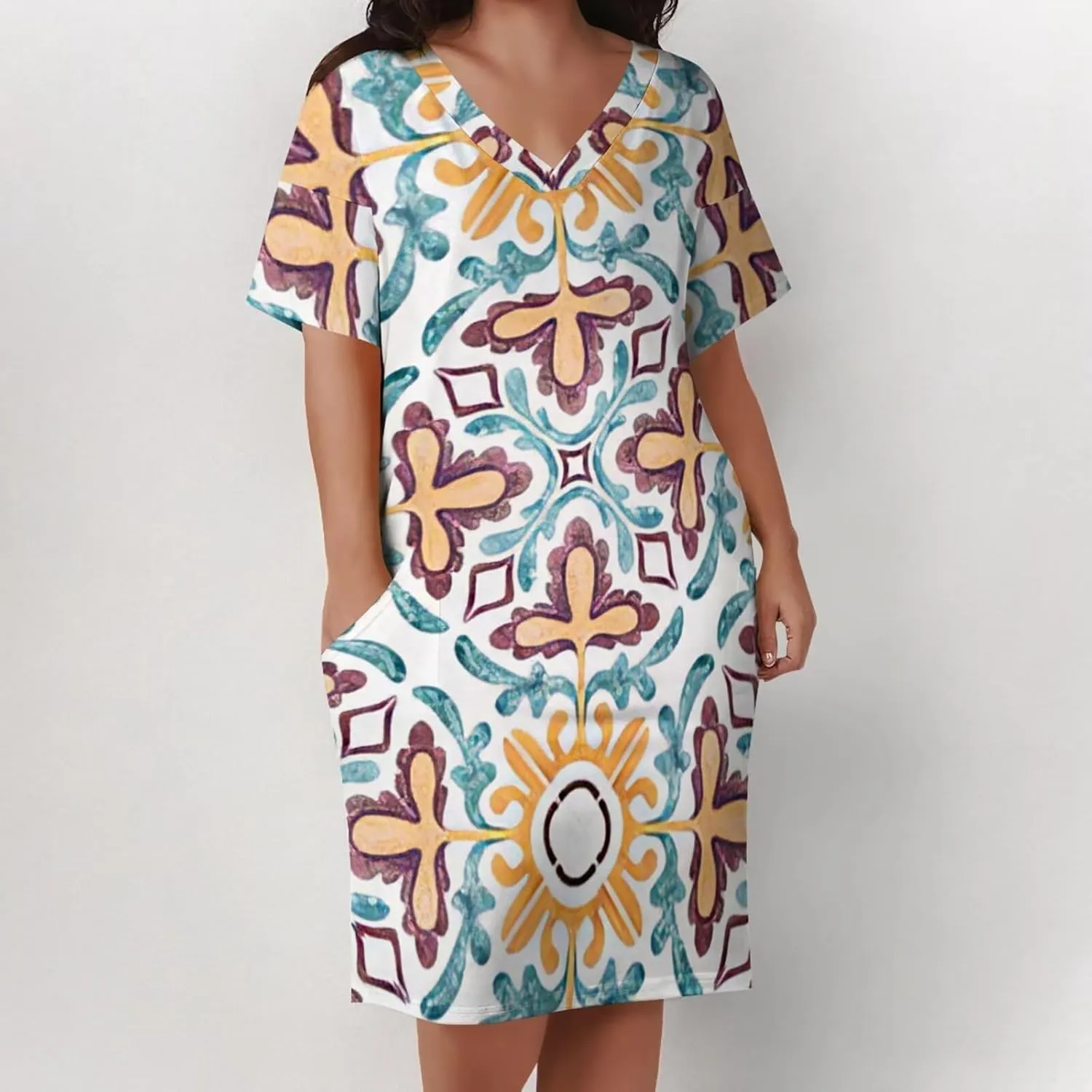 Plus Size Dress for Women Summer Casual African Print V Neck Short Sleeve Loose Midi Dresses with Pockets