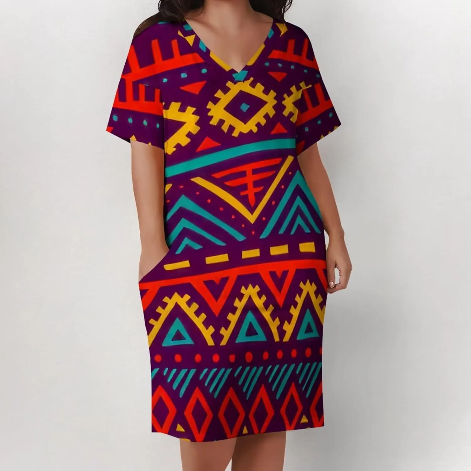 Plus Size Dress for Women Summer Casual African Short Sleeve V Neck T Shirt Loose Midi Dresses with Pockets
