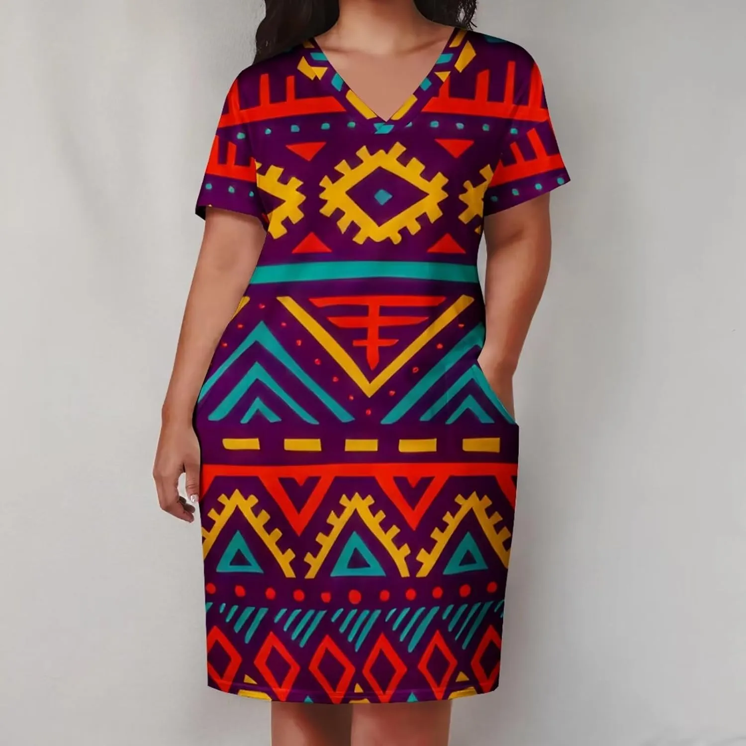 Plus Size Dress for Women Summer Casual African Short Sleeve V Neck T Shirt Loose Midi Dresses with Pockets