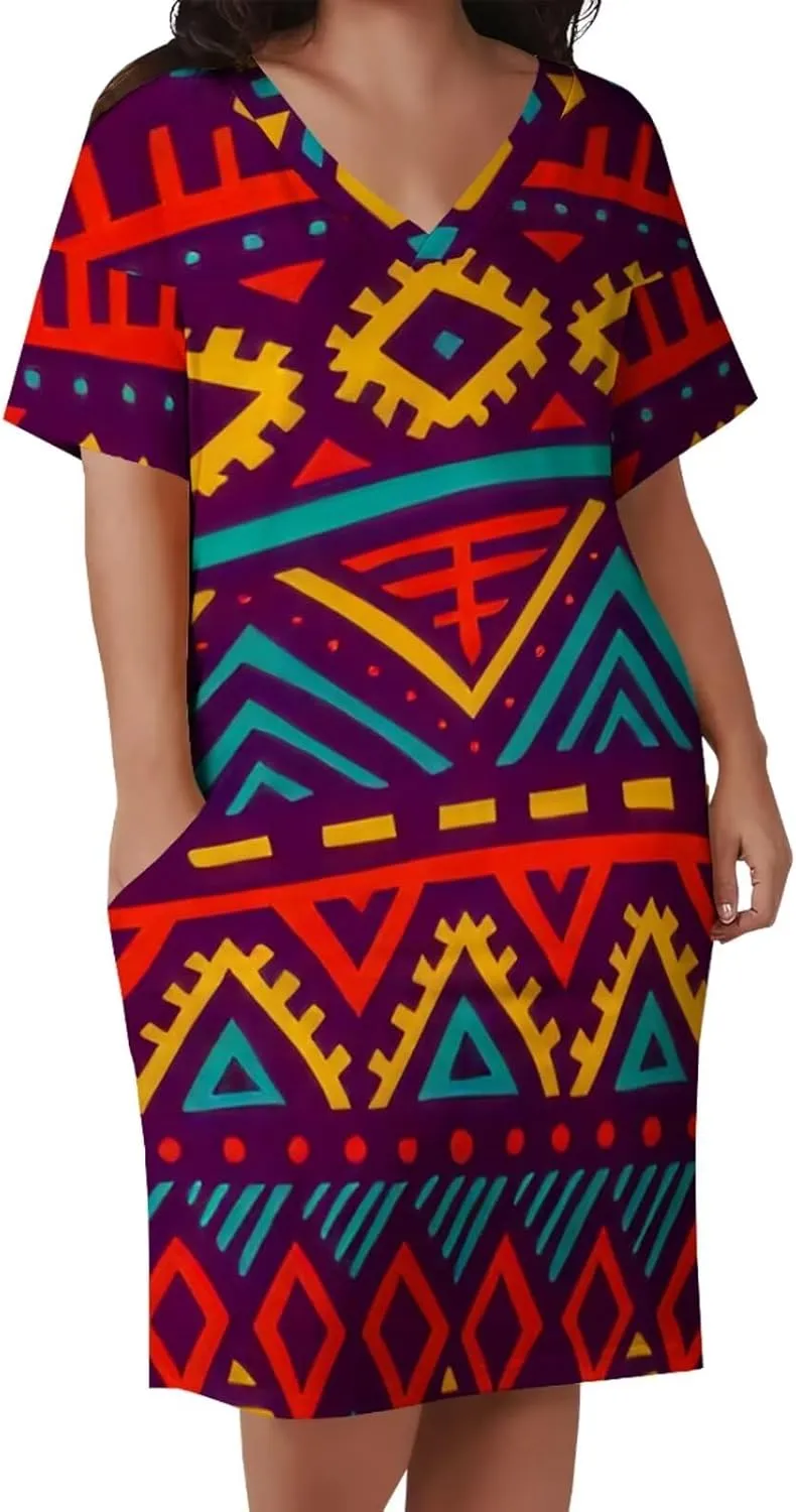 Plus Size Dress for Women Summer Casual African Short Sleeve V Neck T Shirt Loose Midi Dresses with Pockets
