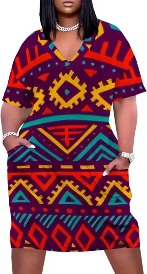 Plus Size Dress for Women Summer Casual African Short Sleeve V Neck T Shirt Loose Midi Dresses with Pockets