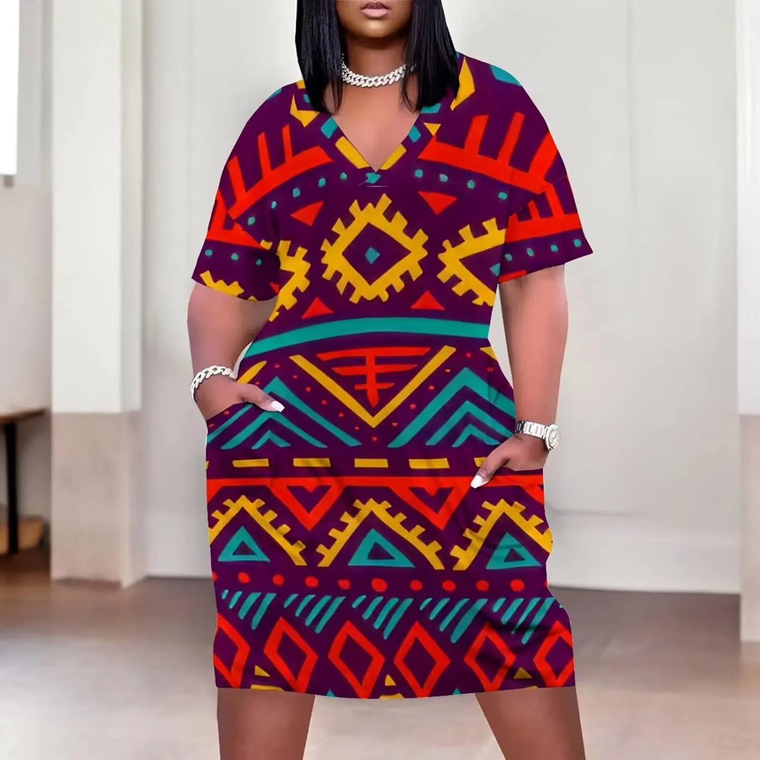 Plus Size Dress for Women Summer Casual African Short Sleeve V Neck T Shirt Loose Midi Dresses with Pockets