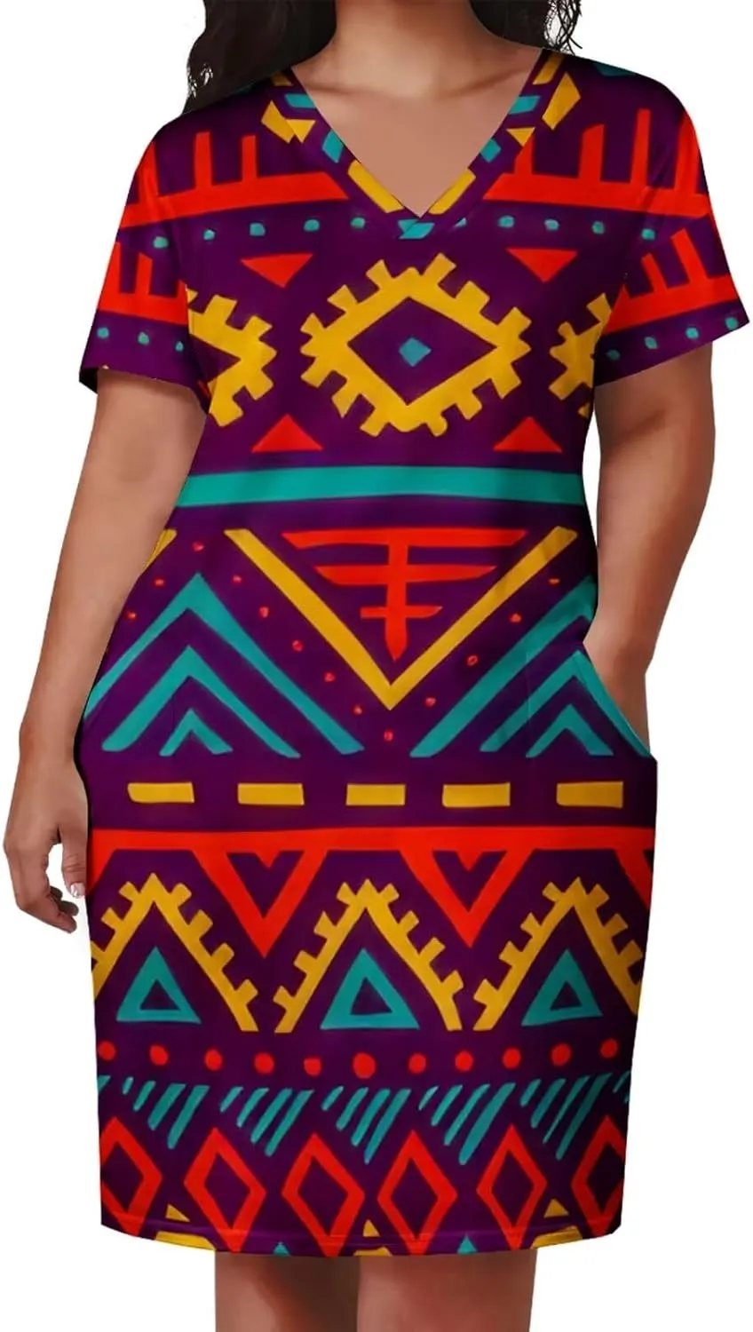 Plus Size Dress for Women Summer Casual African Short Sleeve V Neck T Shirt Loose Midi Dresses with Pockets
