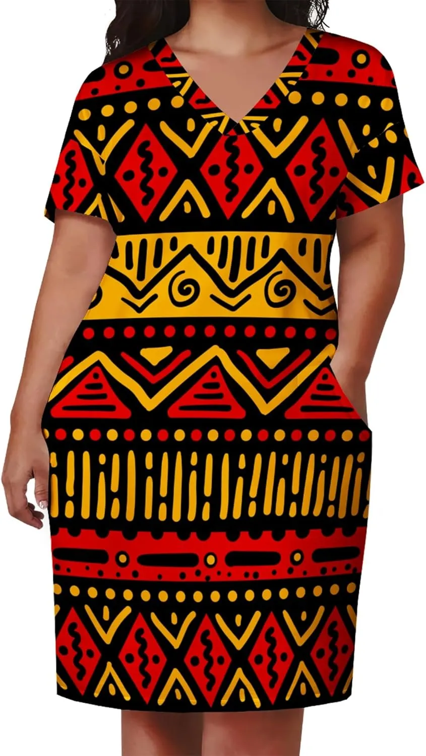 Plus Size Dresses for Curvy Women Summer Casual African Print V-Neck Short Sleeve Loose Midi A Line Dress