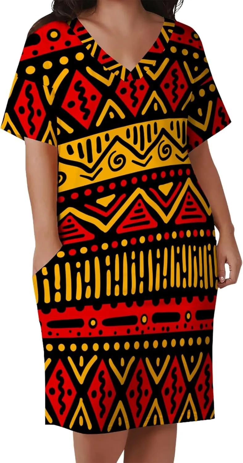 Plus Size Dresses for Curvy Women Summer Casual African Print V-Neck Short Sleeve Loose Midi A Line Dress