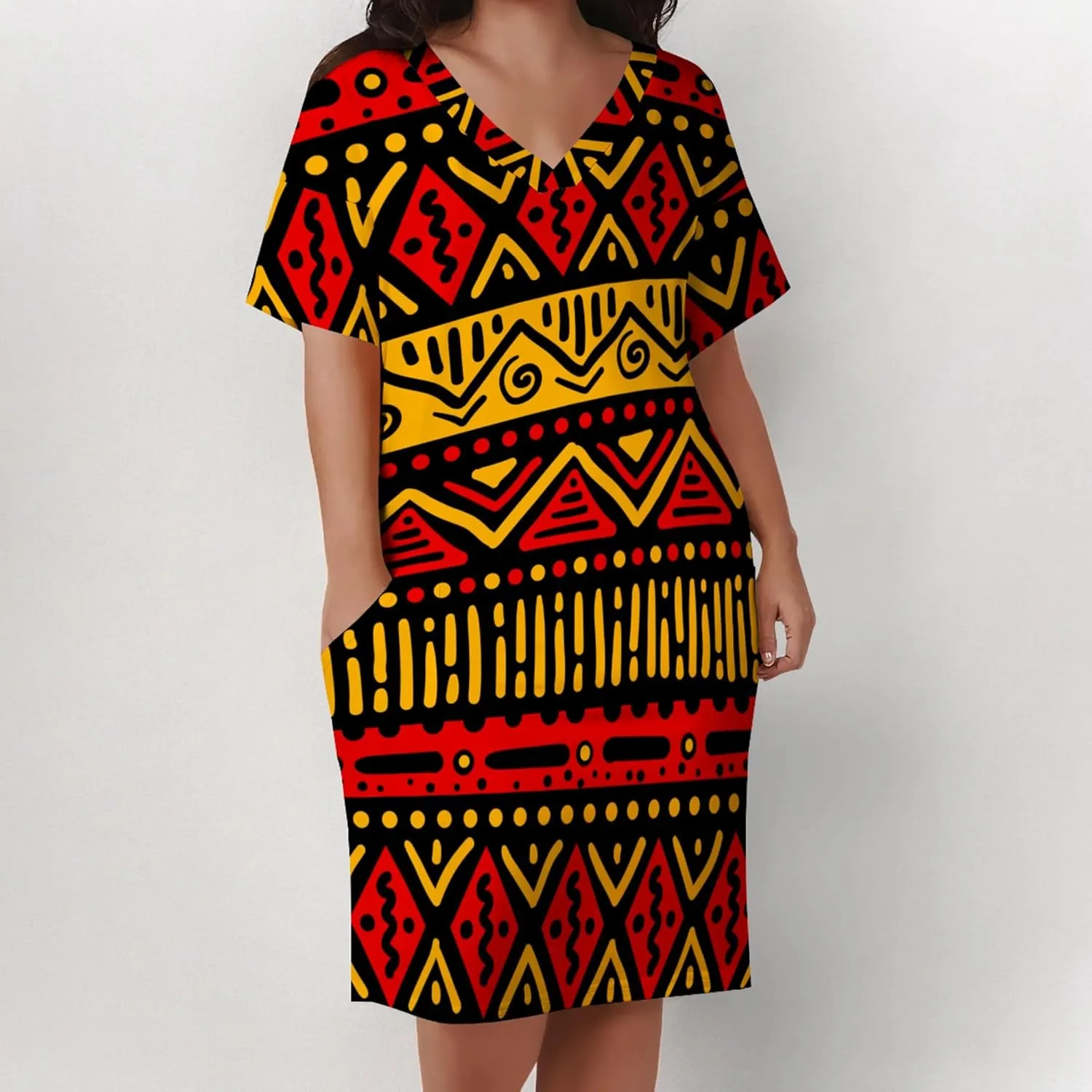 Plus Size Dresses for Curvy Women Summer Casual African Print V-Neck Short Sleeve Loose Midi A Line Dress